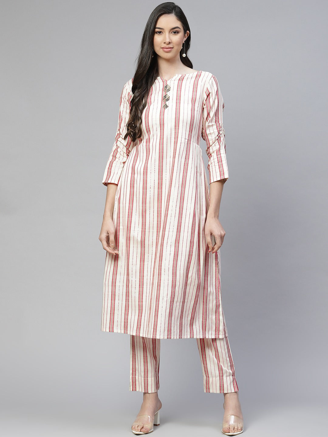 Cottinfab Women Off White Striped Pure Cotton Kurta with Trousers