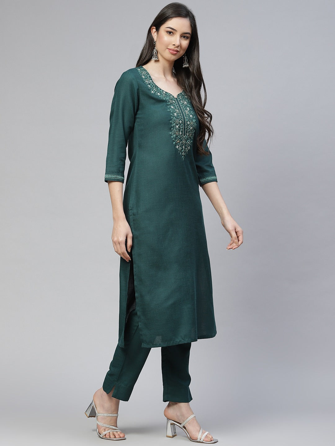 Cottinfab Women Green Ethnic Motifs Embroidered Kurta with Trousers & With Dupatta