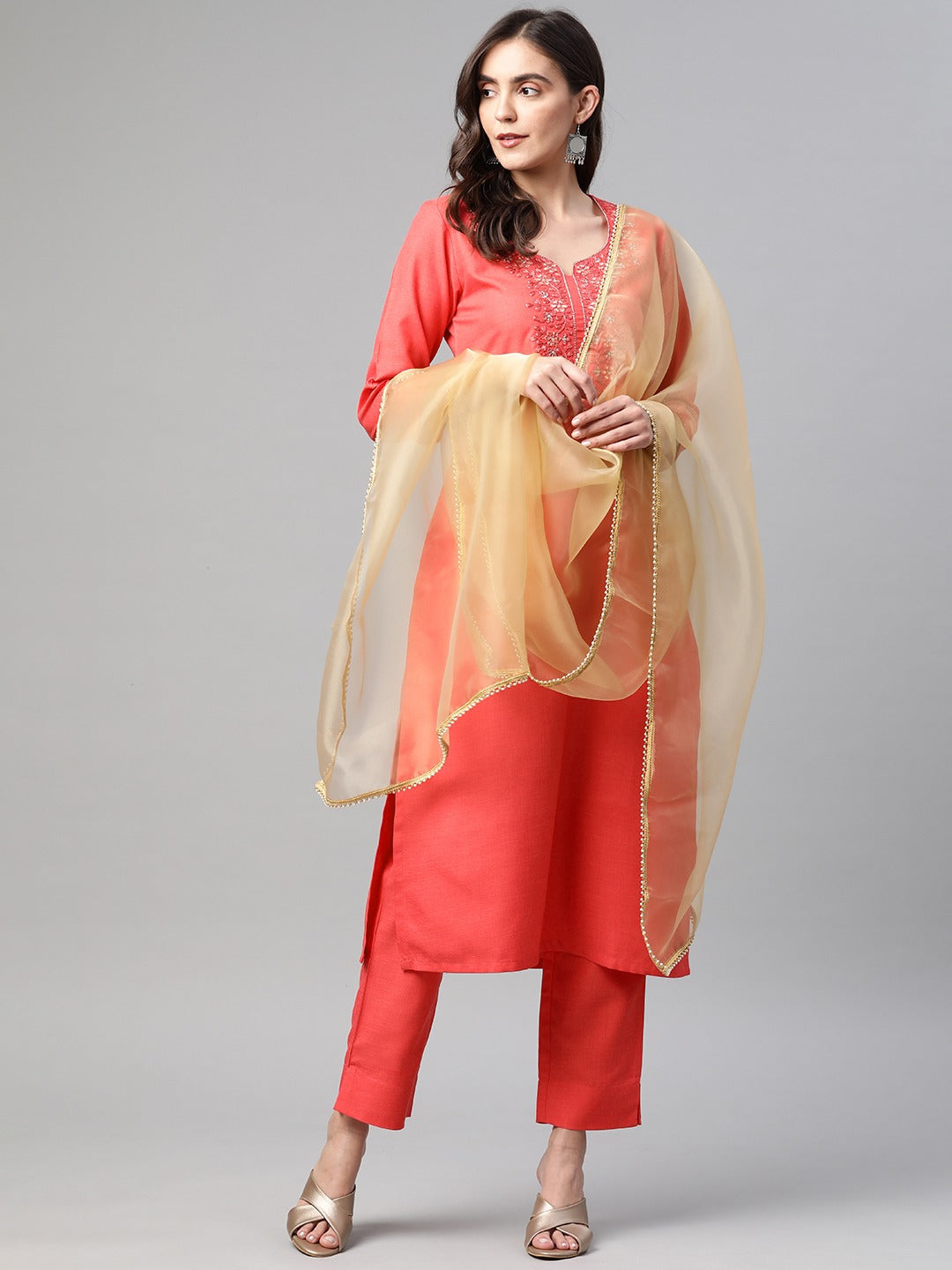 Cottinfab Women Coral Pink Embroidered Kurta with Trousers & With Dupatta