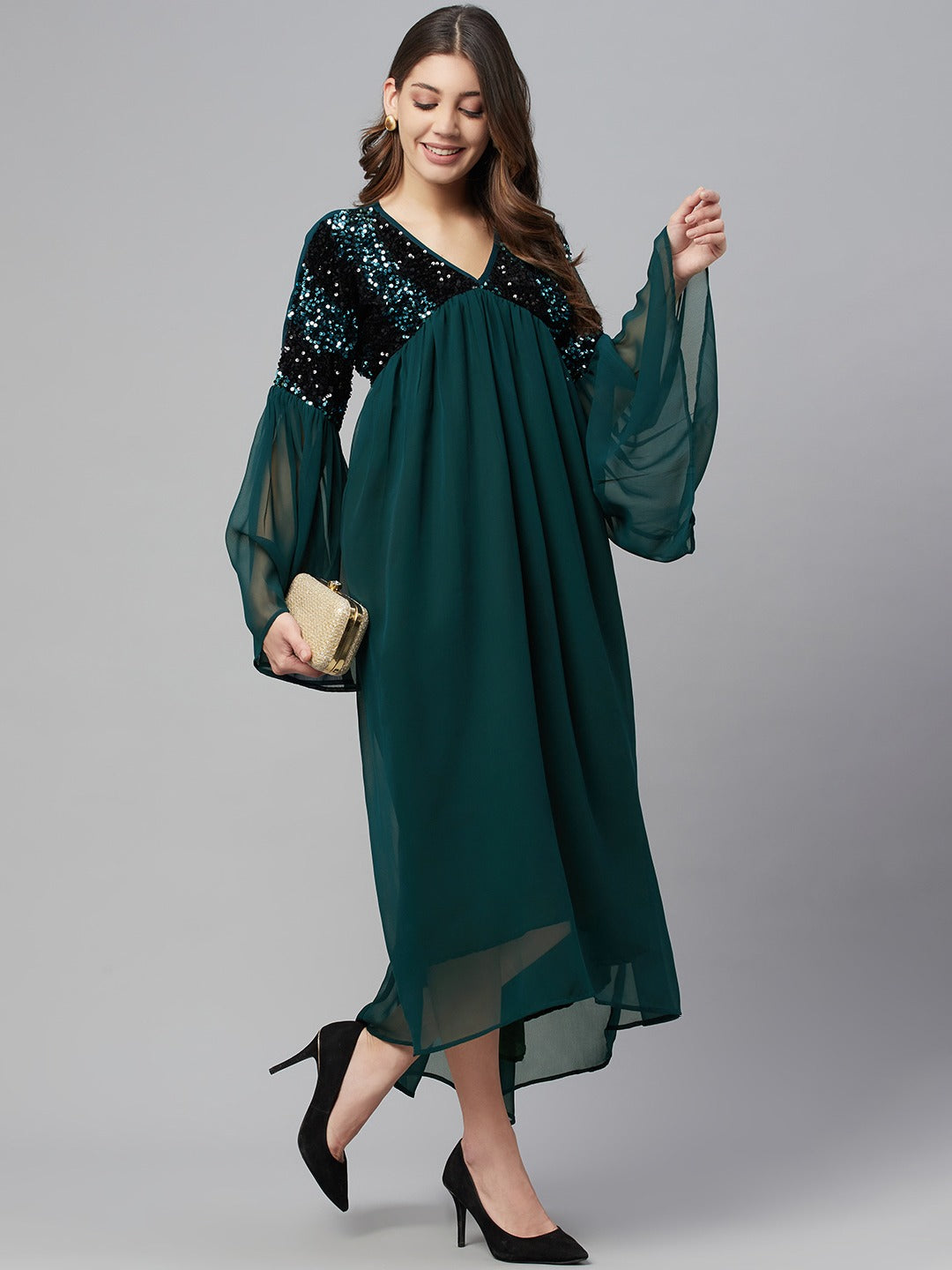 Cottinfab Women Green & Black Georgette Maxi Dress