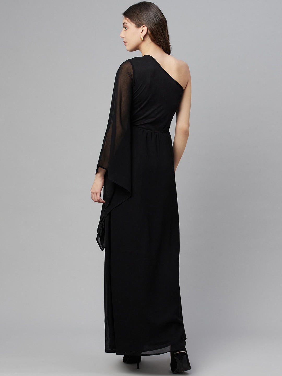 Cottinfab Women Black Solid One Shoulder Maxi Dress