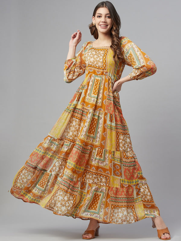 Cottinfab Women Mustard Yellow Ethnic Printed A-Line Maxi Dress