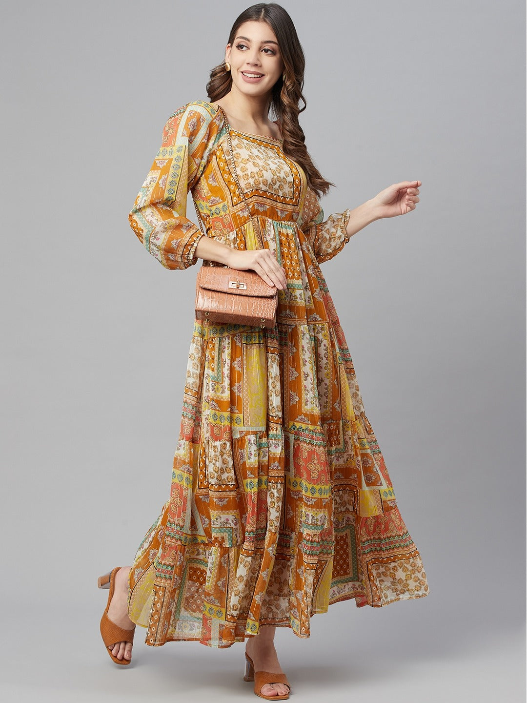 Cottinfab Women Mustard Yellow Ethnic Printed A-Line Maxi Dress