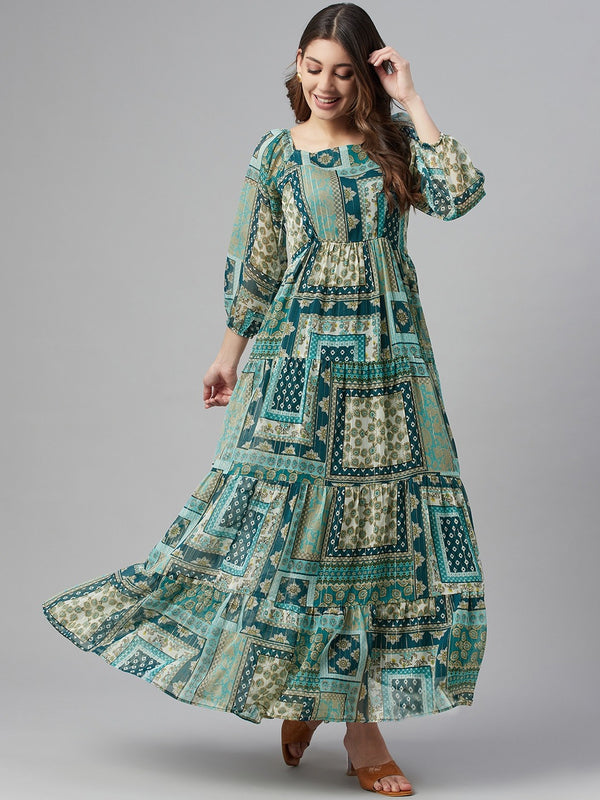 Cottinfab Women Green & Blue Ethnic Printed A-Line Maxi Dress