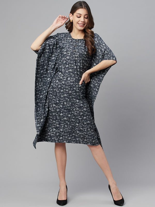 Cottinfab Women Navy Blue & Grey Printed Kaftan Dress