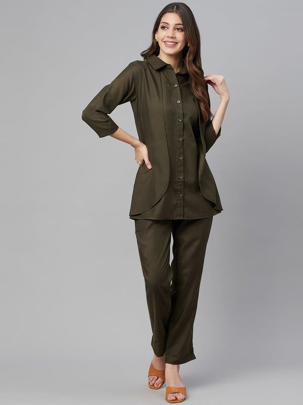 Cottinfab Women Olive Green Solid Shirt with Trousers