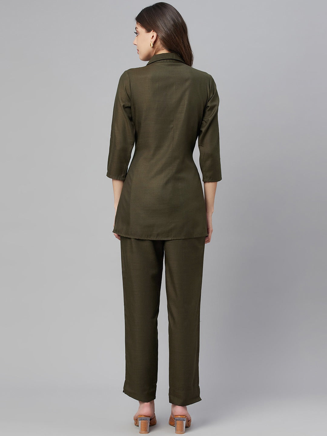 Cottinfab Women Olive Green Solid Shirt with Trousers