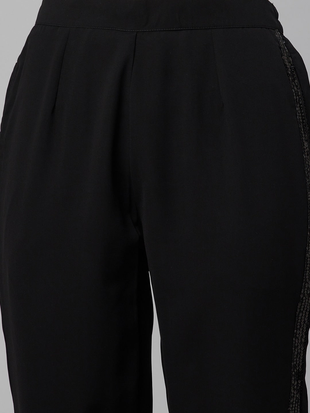 Cottinfab Women Black Yoke Design Sequinned Kurta with Trousers