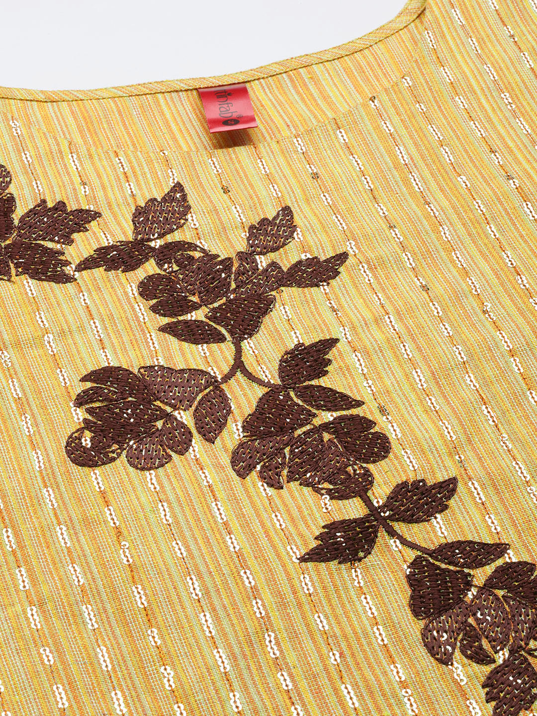 Cottinfab Women Mustard Yellow Striped Thread Work Pure Cotton Kurta with Trousers