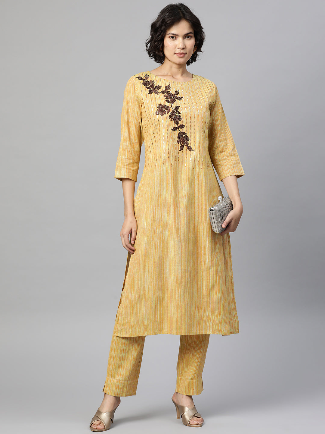 Cottinfab Women Mustard Yellow Striped Thread Work Pure Cotton Kurta with Trousers