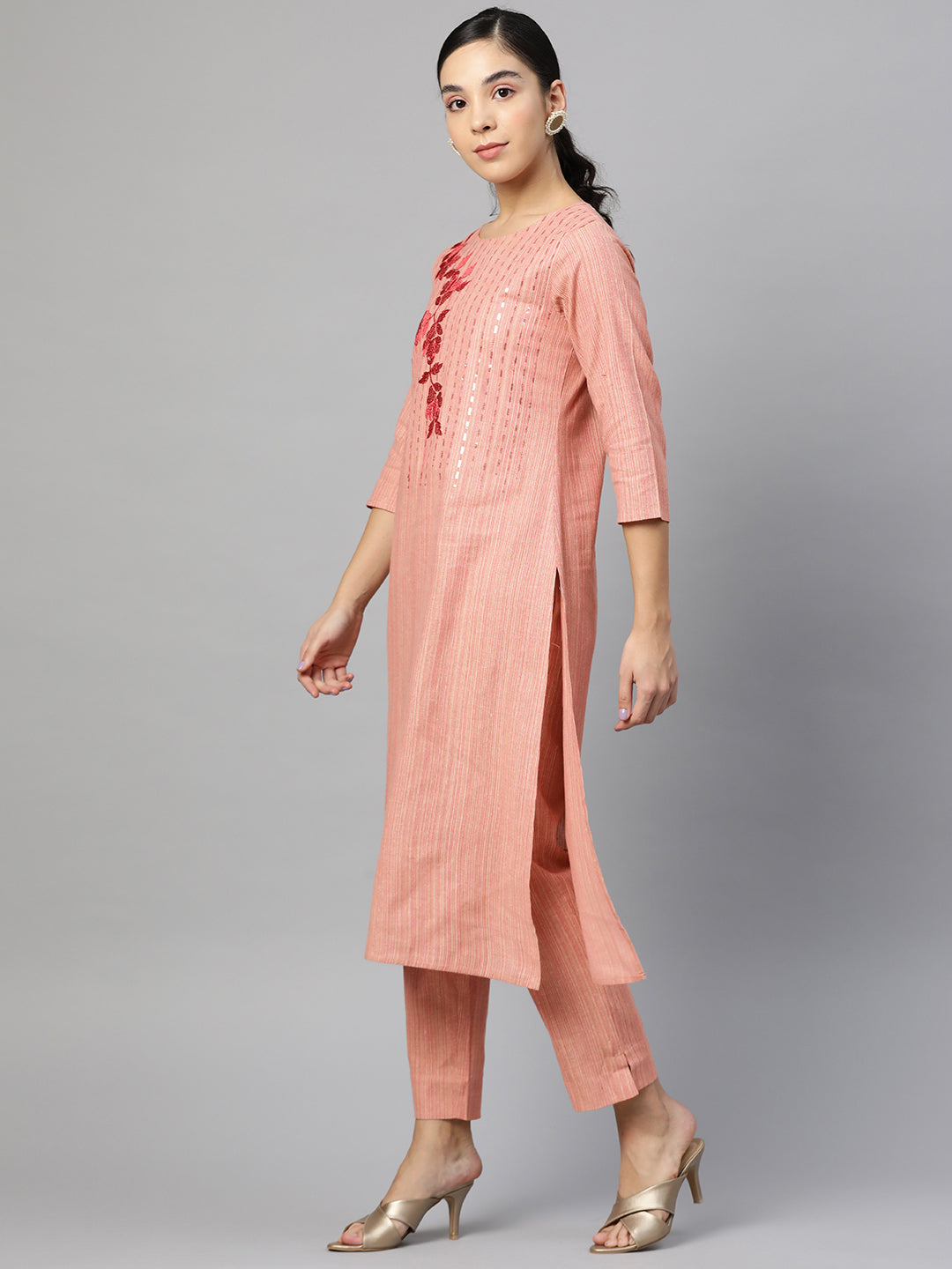 Cottinfab Women Pink Striped Thread Work Pure Cotton Kurta with Trousers