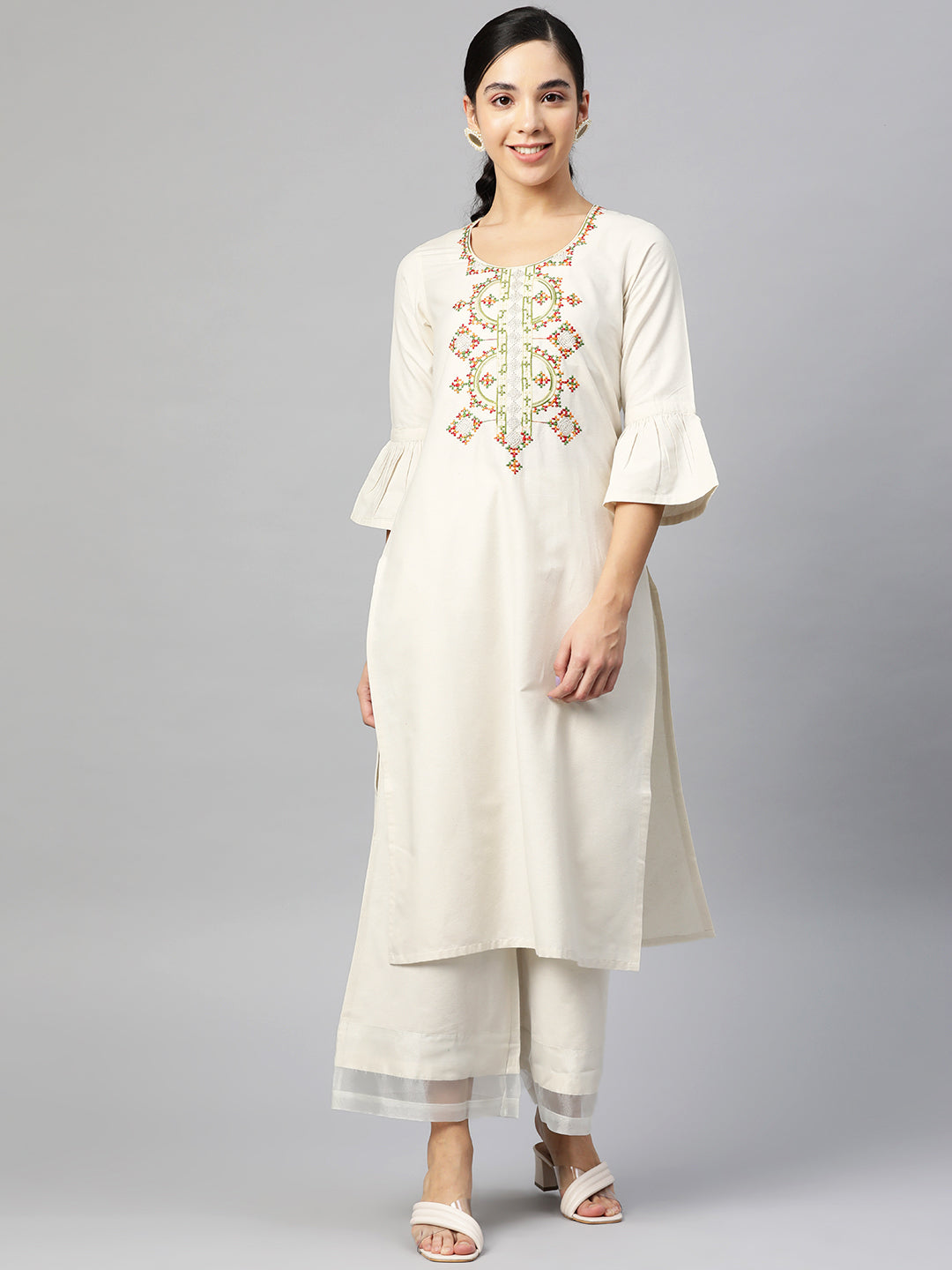 Cottinfab Women Off White Ethnic Motifs Embroidered Pure Cotton Kurta with Trousers