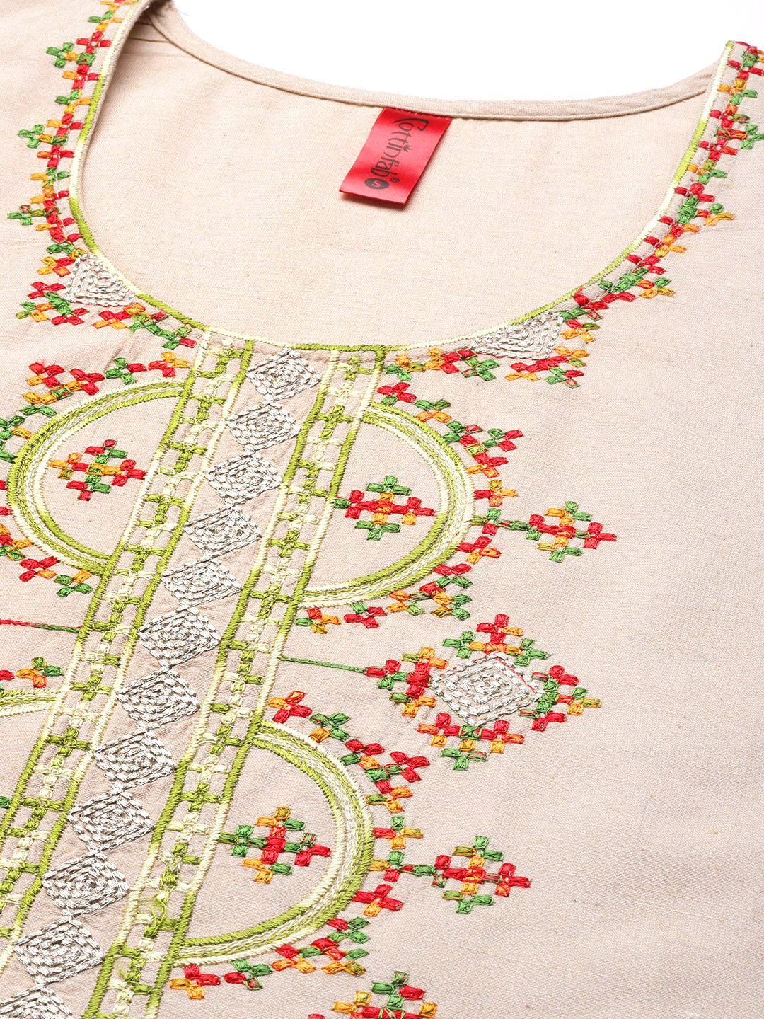 Cottinfab Women Beige Embroidered Pure Cotton Kurta with Palazzos