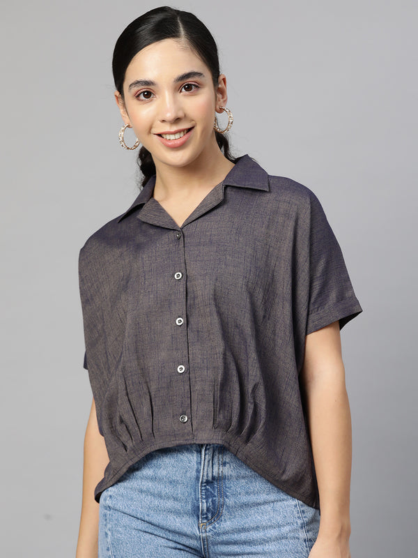 Cottinfab Navy Blue Extended Sleeves Shirt Style Top