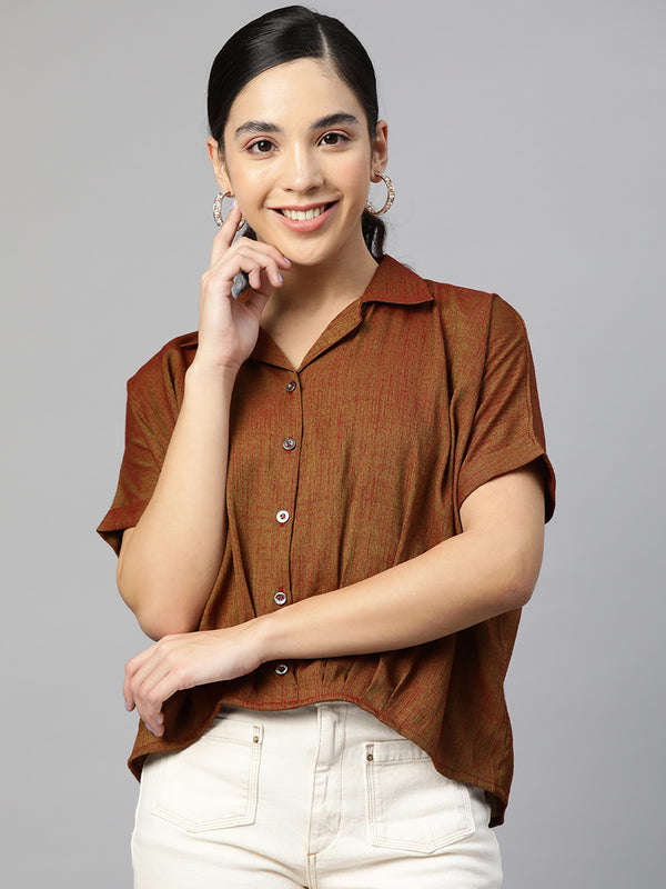 Cottinfab Brown Extended Sleeves Shirt Style Top