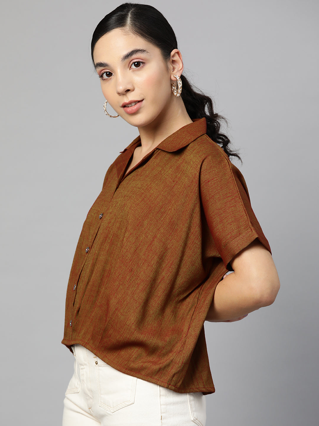 Cottinfab Brown Extended Sleeves Shirt Style Top