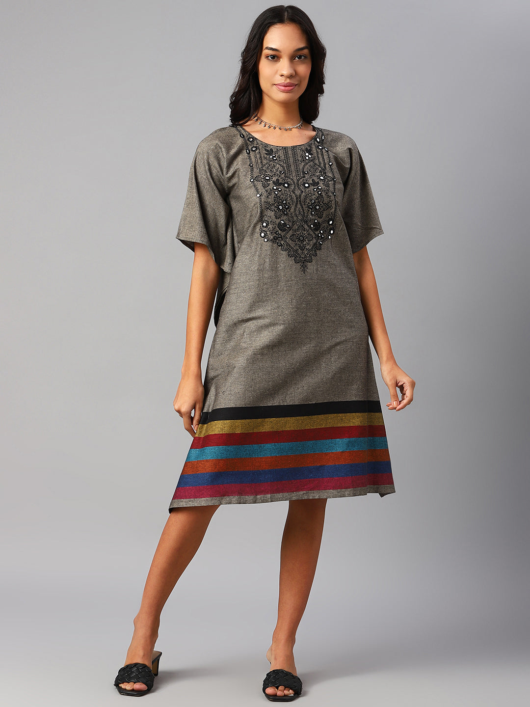 Grey Ethnic Motifs Embroidered Kaftan Dress