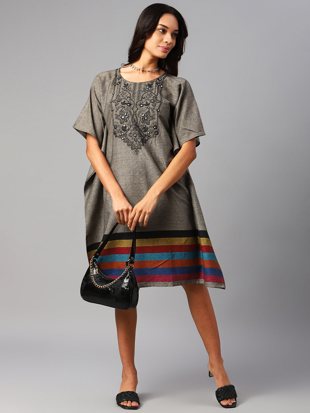 Grey Ethnic Motifs Embroidered Kaftan Dress