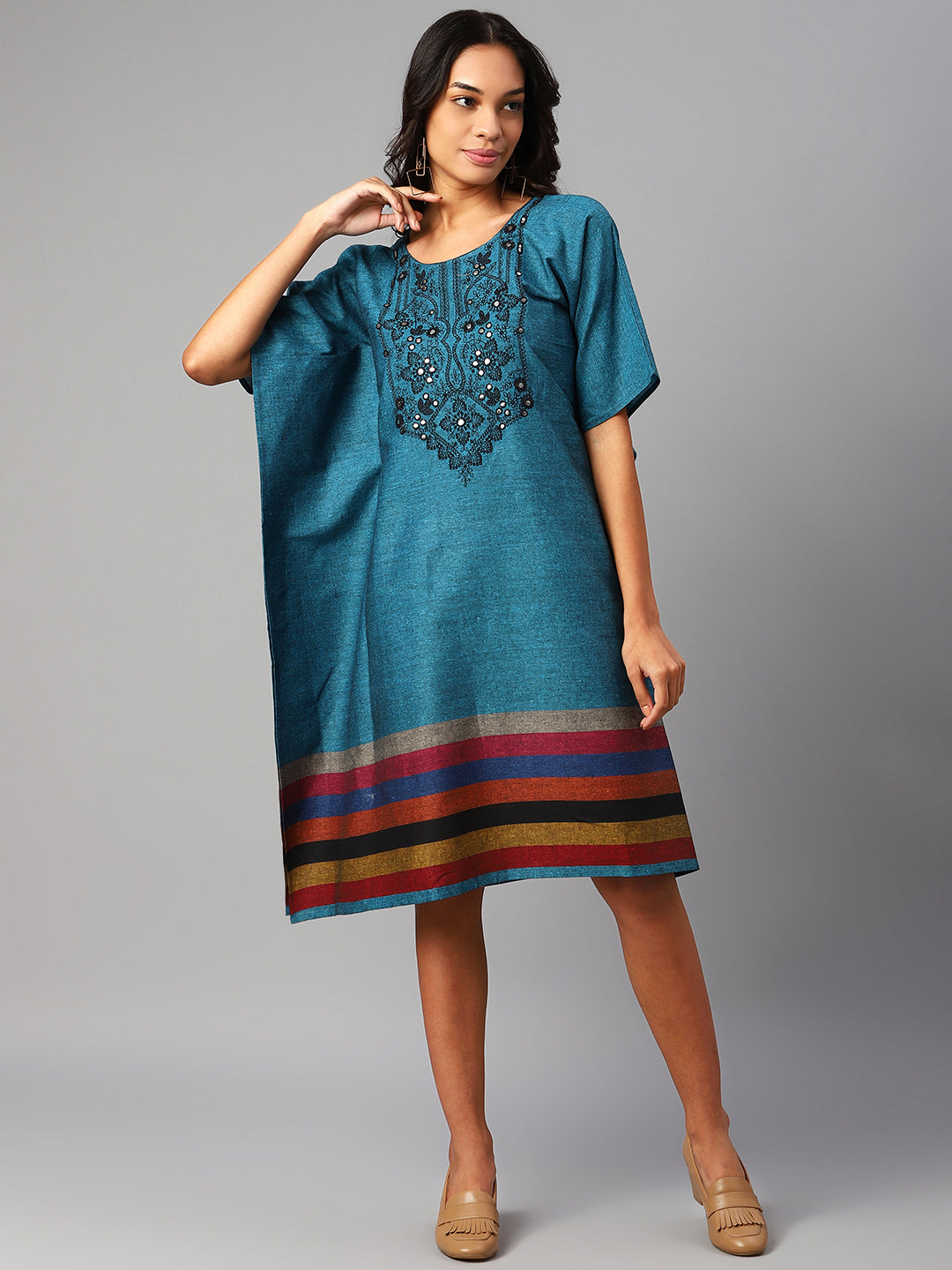 Blue Ethnic Motifs Embroidered Kaftan Dress