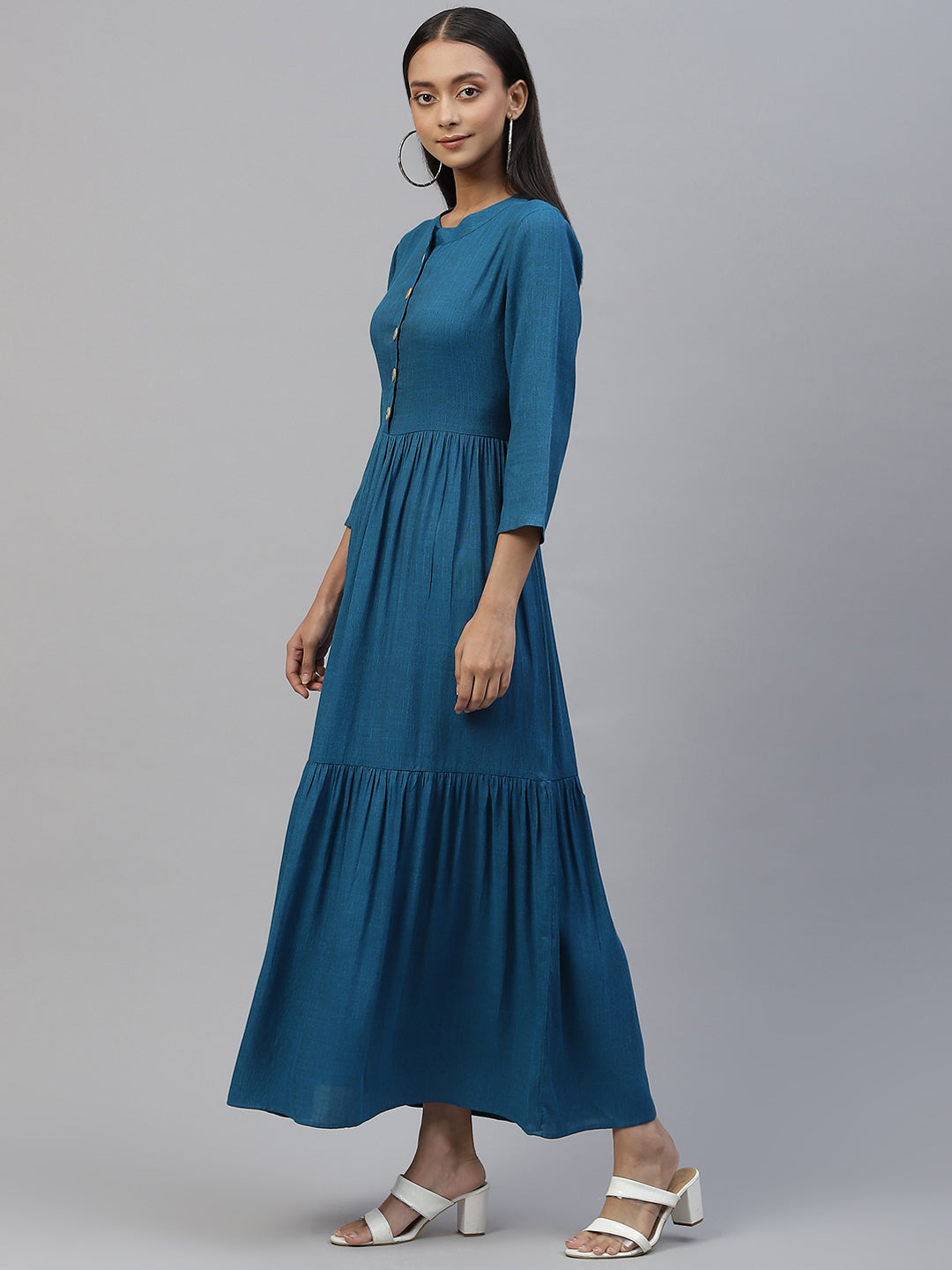 Cottinfab Blue Solid Tiered Maxi Dress