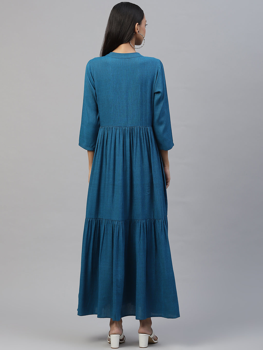 Cottinfab Blue Solid Tiered Maxi Dress