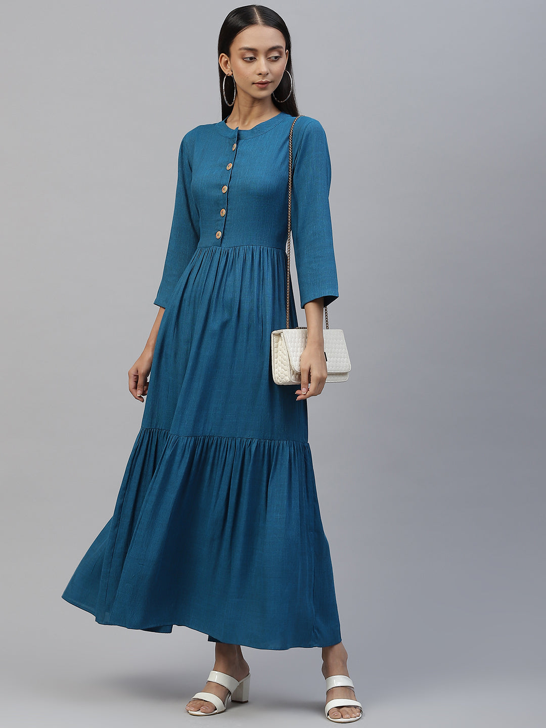 Cottinfab Blue Solid Tiered Maxi Dress