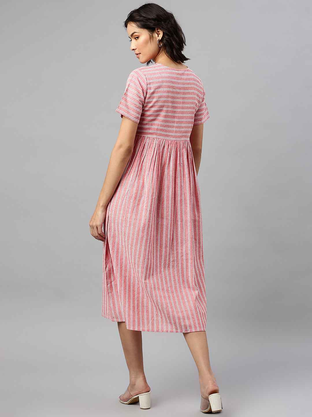 Cottinfab Red & White Striped A-Line Midi Dress