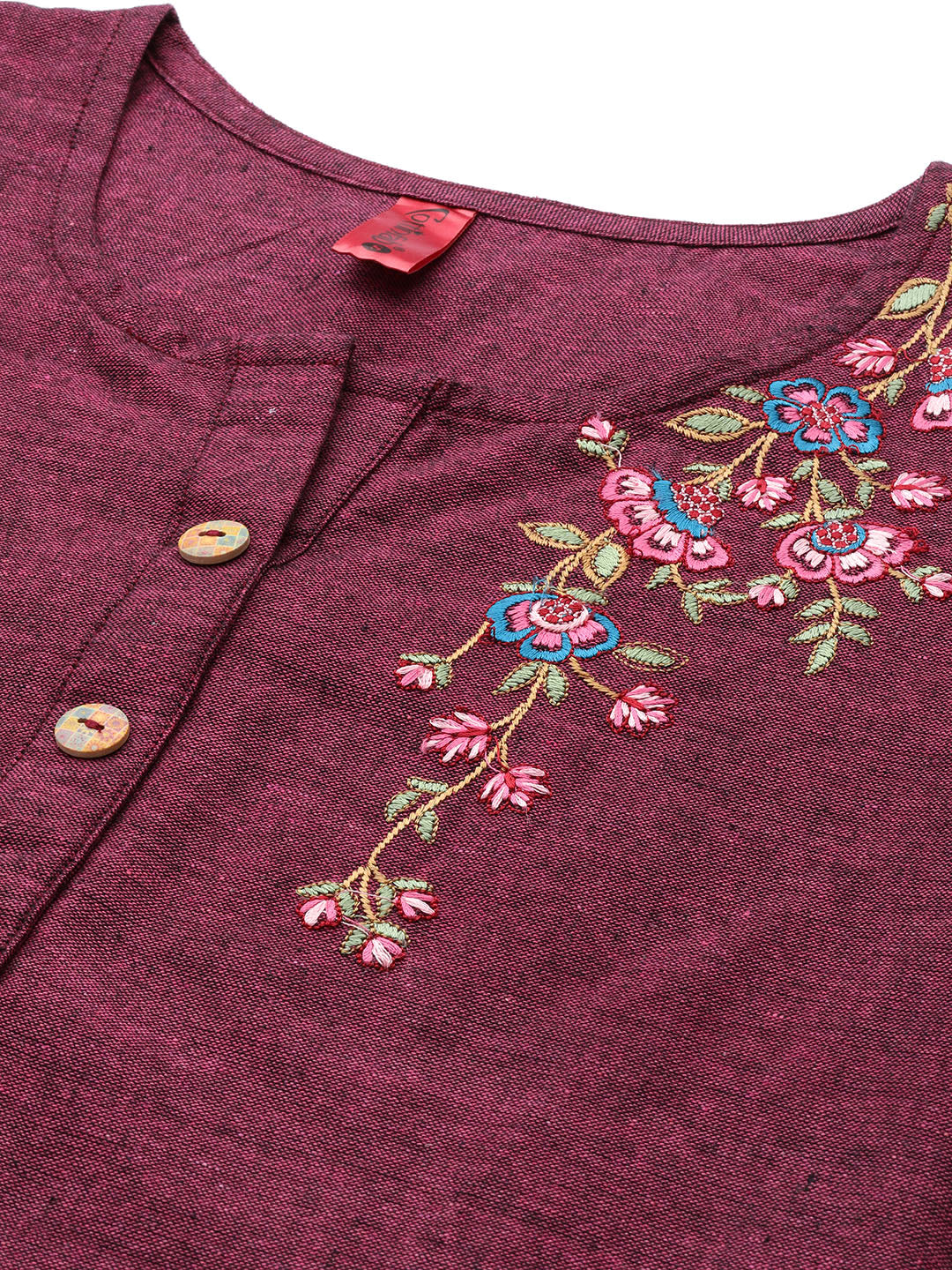 Cottinfab Women Burgundy Floral Embroidered Pure Cotton Kurta with Harem Pants