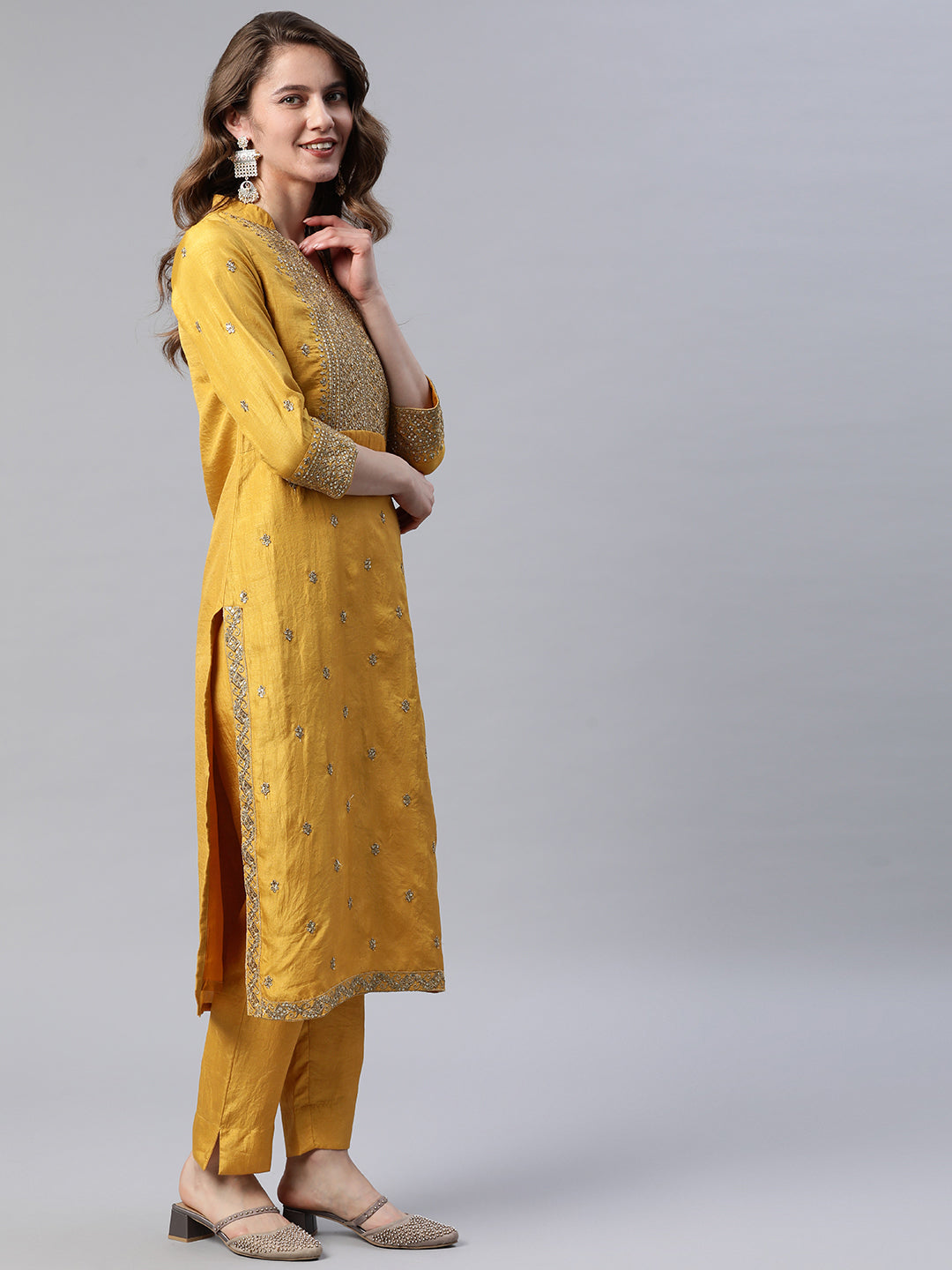 Cottinfab Women Mustard Yellow Ethnic Motifs Embroidered Sequinned Kurta with Trousers
