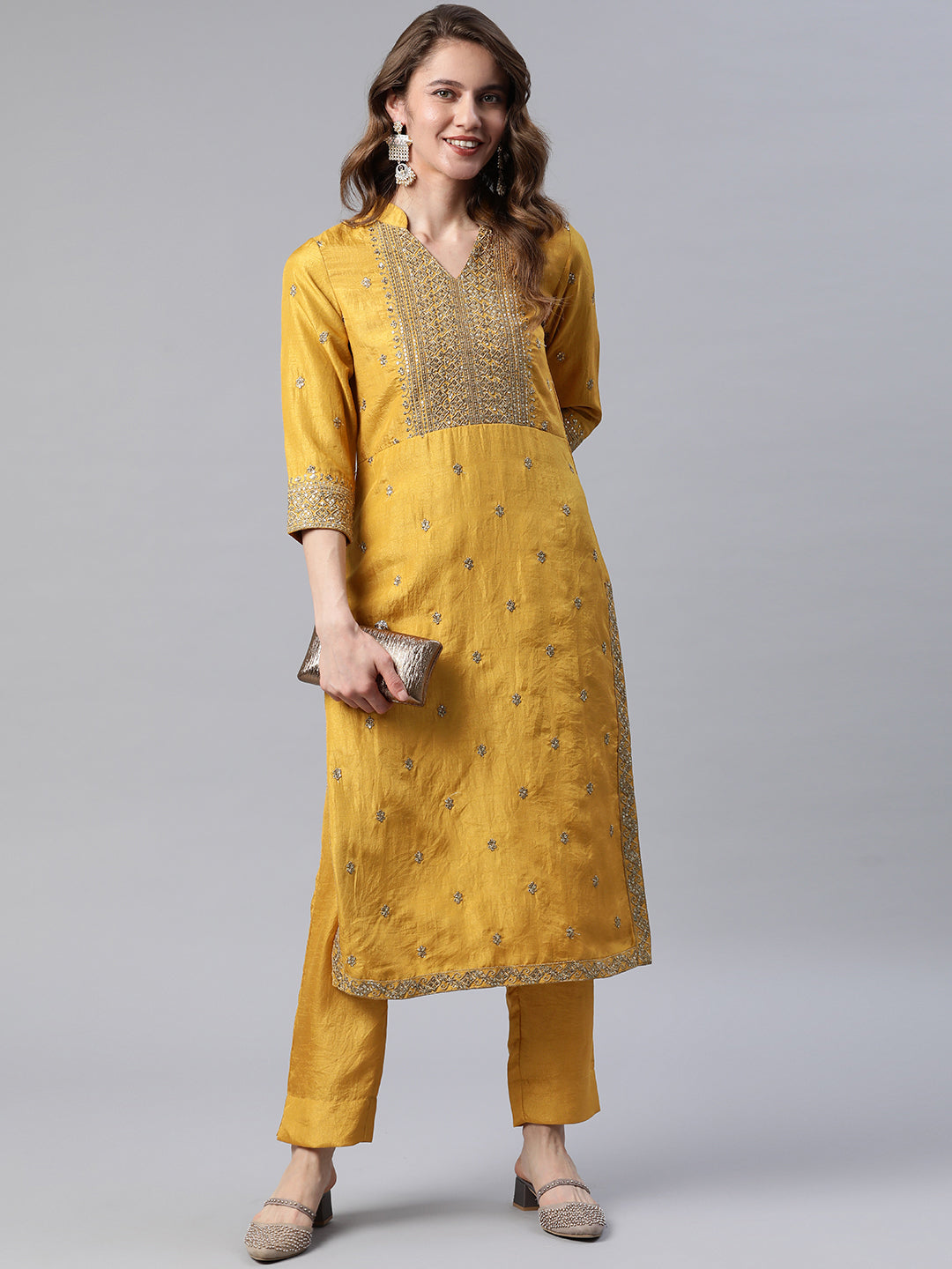 Cottinfab Women Mustard Yellow Ethnic Motifs Embroidered Sequinned Kurta with Trousers