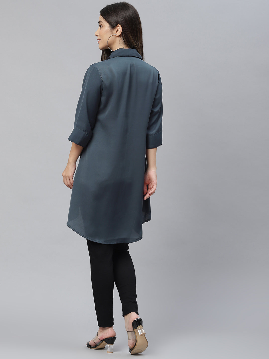 Cottinfab Charcoal Grey Shirt Style Longline Top