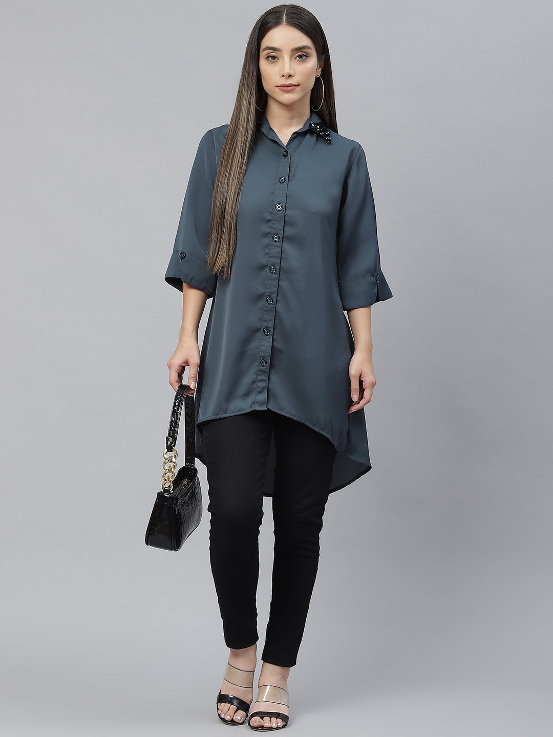 Cottinfab Charcoal Grey Shirt Style Longline Top
