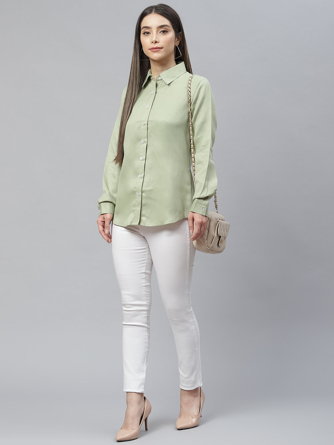 Cottinfab Women Sage Green Formal Shirt