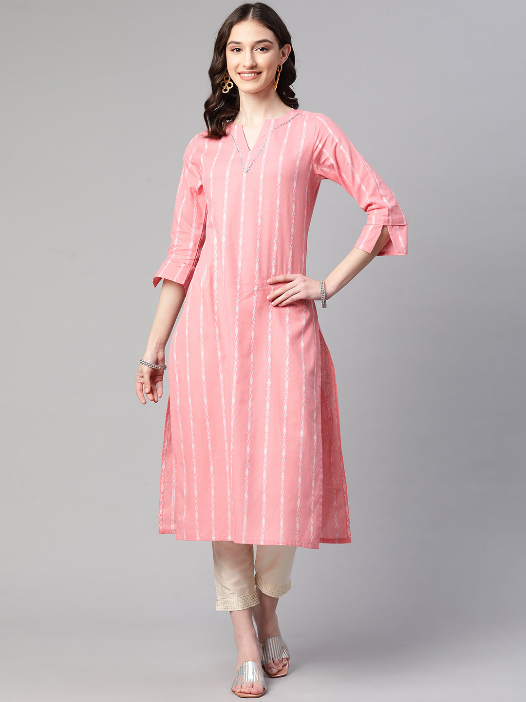 Cottinfab Women Pink & White Striped Gotta Patti Kurta