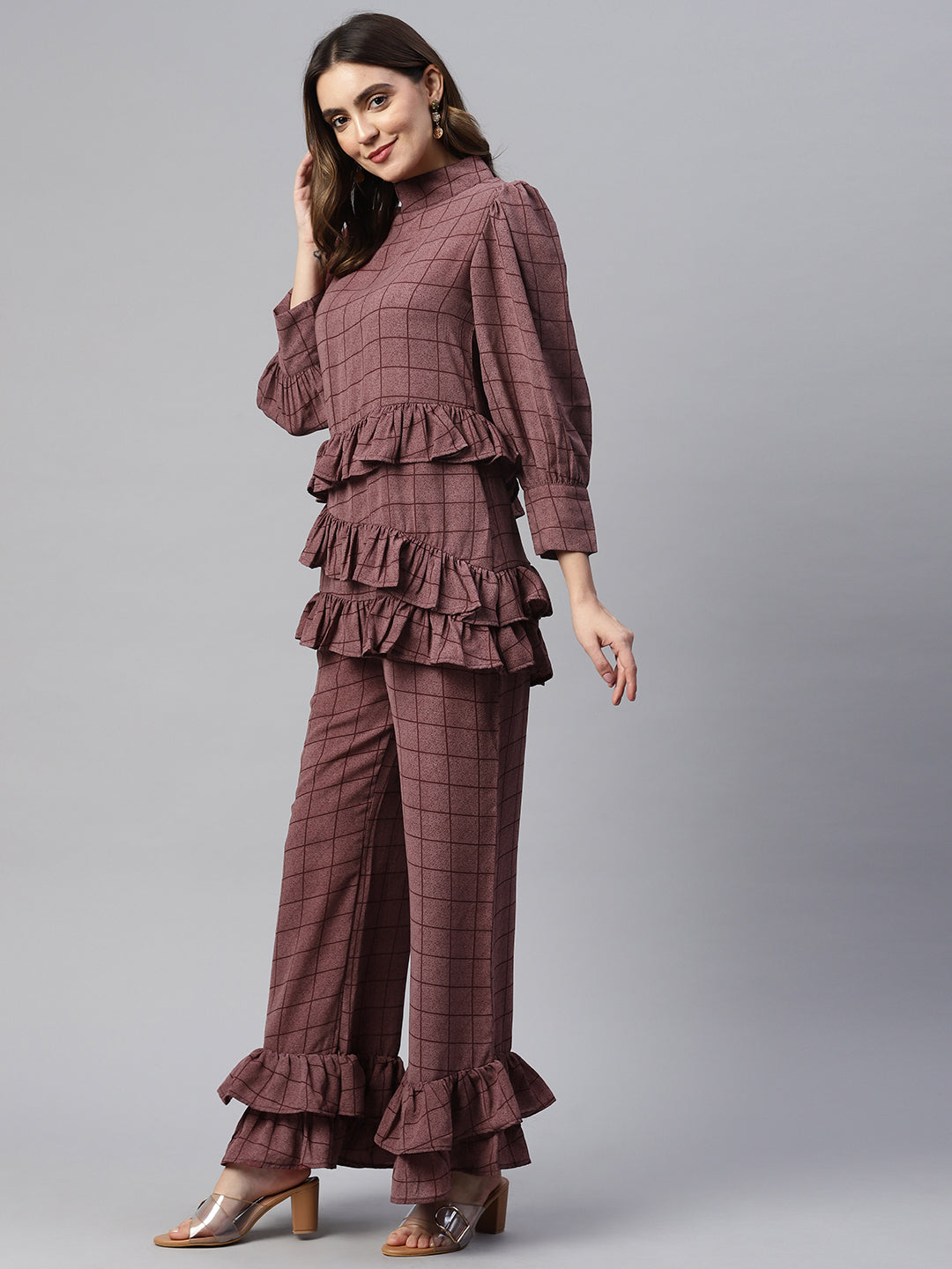 Cottinfab Women Ruffles Checked Top With Palazzos