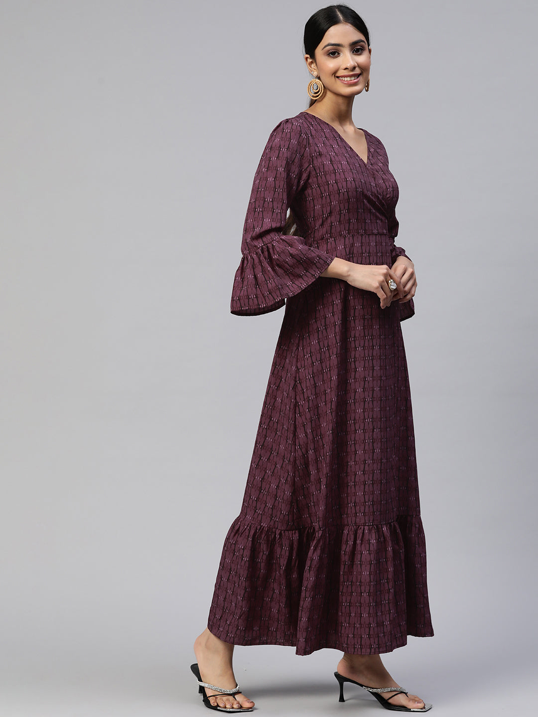 Cottinfab Bell Sleeves Crepe Tiered Maxi Wrap Dress