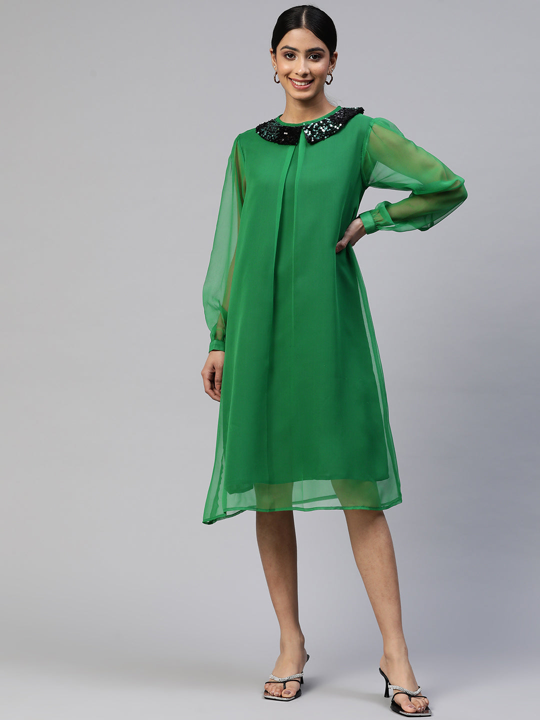 Cottinfab Peter Pan Collar Embellished Georgette A-Line Midi Dress