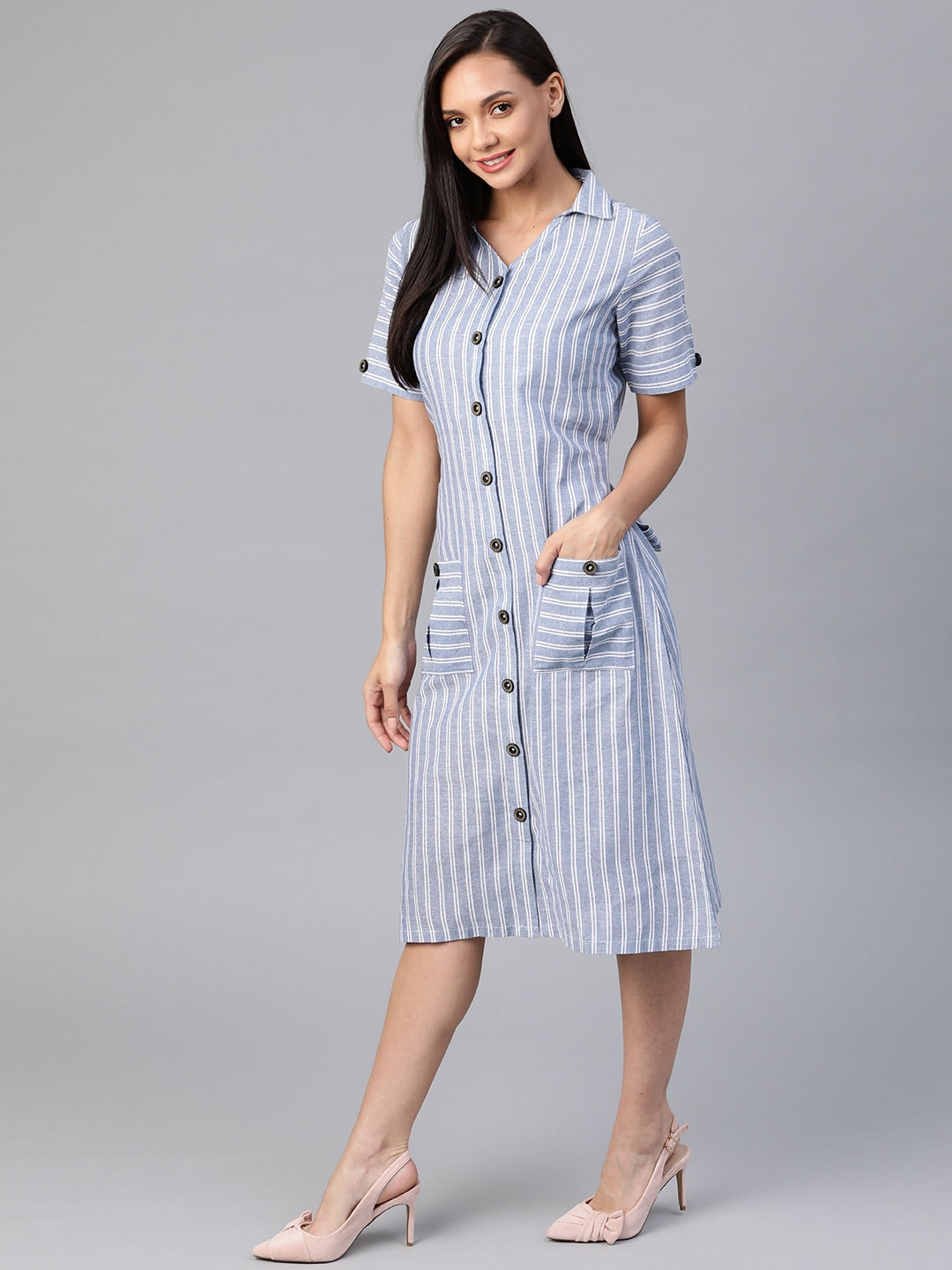 Cottinfab Blue & White Striped Pure Cotton Shirt Dress